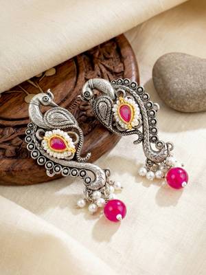 Antique silver-tone peacock temple necklace set with earrings for festive wear 3