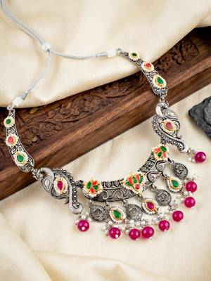 Antique silver-tone peacock temple necklace set with earrings for festive wear 5