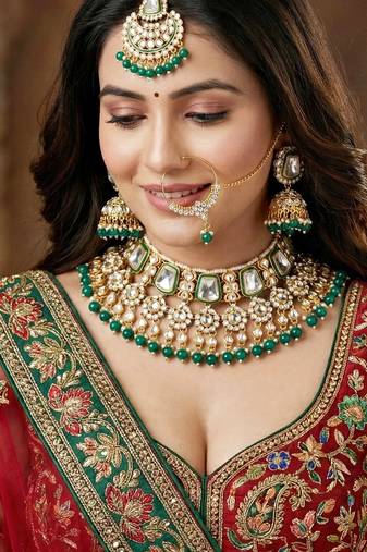 18 kt gold plated kundan bridal & semi-bridal necklace set with tikka & nath