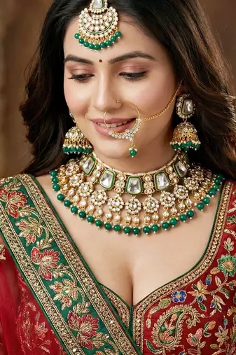 18 kt gold plated kundan bridal & semi-bridal necklace set with tikka & nath