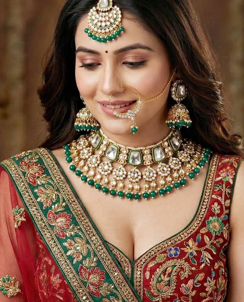 18 kt gold plated kundan bridal & semi-bridal necklace set with tikka & nath