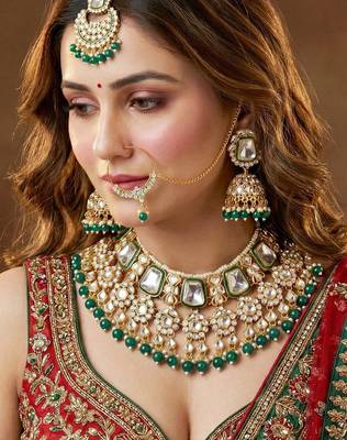 18 kt gold plated kundan bridal & semi-bridal necklace set with tikka & nath 2
