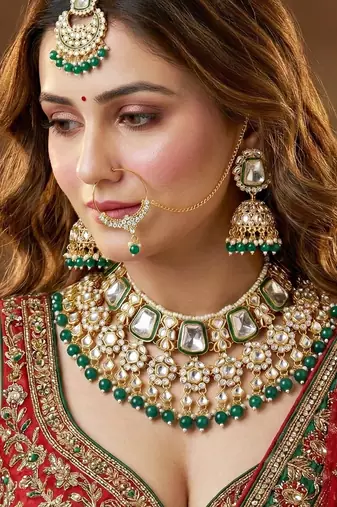 18 kt gold plated kundan bridal & semi-bridal necklace set with tikka & nath