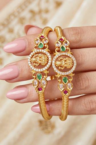 Gold temple magenta stone bangle kada