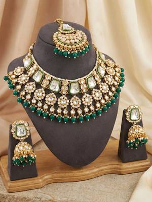 18 kt gold plated kundan bridal & semi-bridal necklace set with tikka & nath 3
