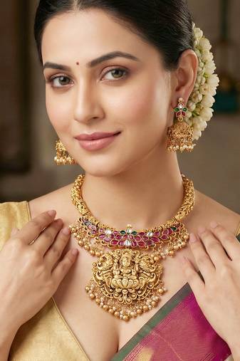 Gold plated temple jewellery necklace set for women