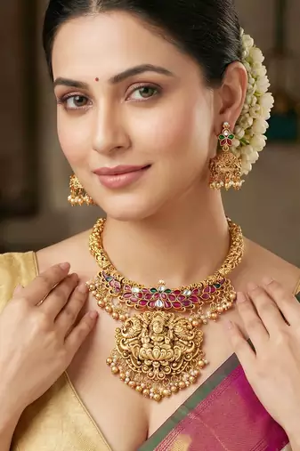 Gold plated temple jewellery necklace set for women
