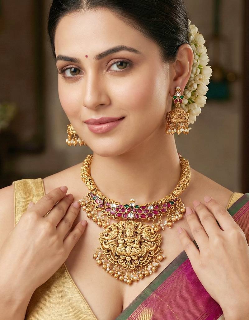 Gold plated temple jewellery necklace set for women