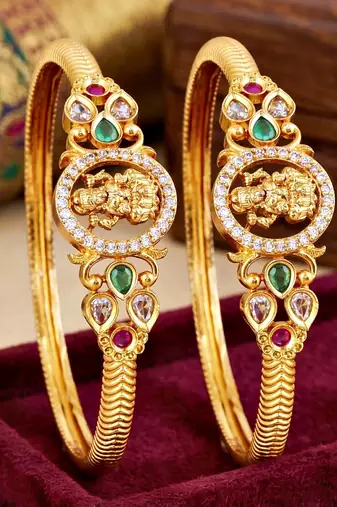 Gold temple magenta stone bangle kada