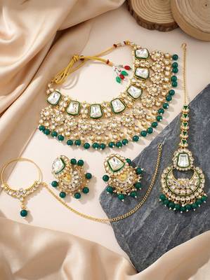 18 kt gold plated kundan bridal & semi-bridal necklace set with tikka & nath 4