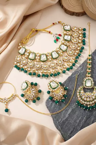18 kt gold plated kundan bridal & semi-bridal necklace set with tikka & nath