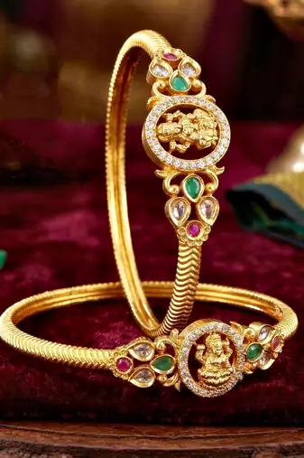 Gold temple magenta stone bangle kada