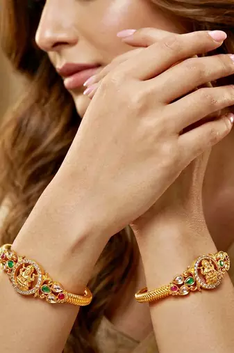 Gold temple magenta stone bangle kada