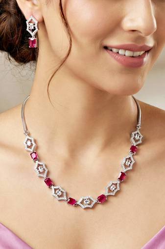 Silver ruby red ad necklace set with earrings for office party wedding