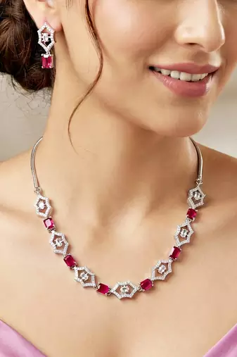 Silver ruby red ad necklace set with earrings for office party wedding
