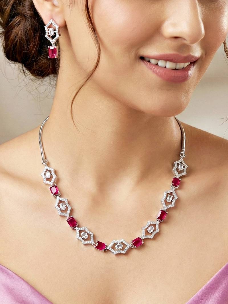 Silver ruby red ad necklace set with earrings for office party wedding