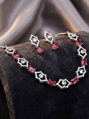 Silver ruby red ad necklace set with earrings for office party wedding 2