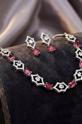 Silver ruby red ad necklace set with earrings for office party wedding