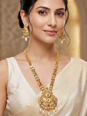 Lucky jewellery gold-plated ruby & green color long traditional necklace set 1