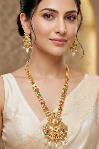 Lucky jewellery gold-plated ruby & green color long traditional necklace set