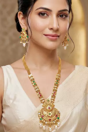 Lucky jewellery gold-plated ruby & green color long traditional necklace set