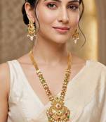 Lucky jewellery gold-plated ruby & green color long traditional necklace set