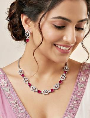 Silver ruby red ad necklace set with earrings for office party wedding 3