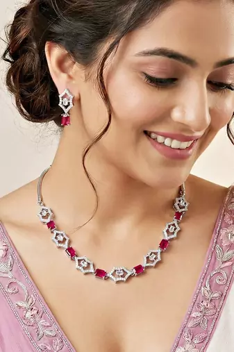 Silver ruby red ad necklace set with earrings for office party wedding