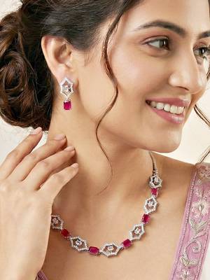Silver ruby red ad necklace set with earrings for office party wedding 4