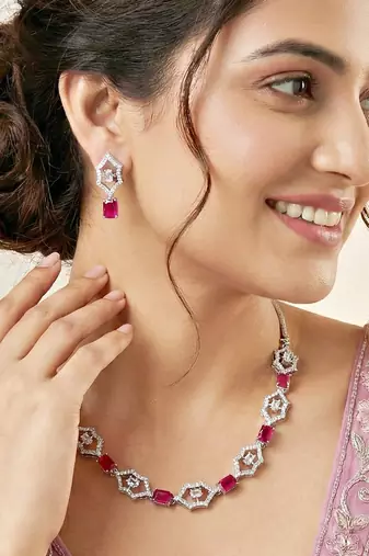 Silver ruby red ad necklace set with earrings for office party wedding