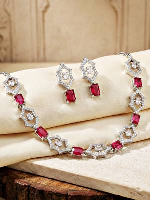 Silver ruby red ad necklace set with earrings for office party wedding 5