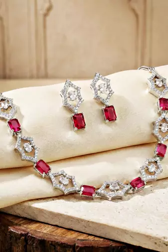 Silver ruby red ad necklace set with earrings for office party wedding