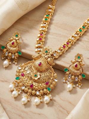 Lucky jewellery gold-plated ruby & green color long traditional necklace set 2