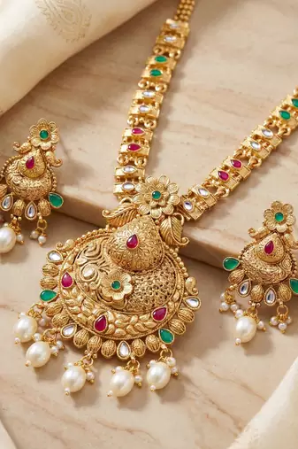 Lucky jewellery gold-plated ruby & green color long traditional necklace set