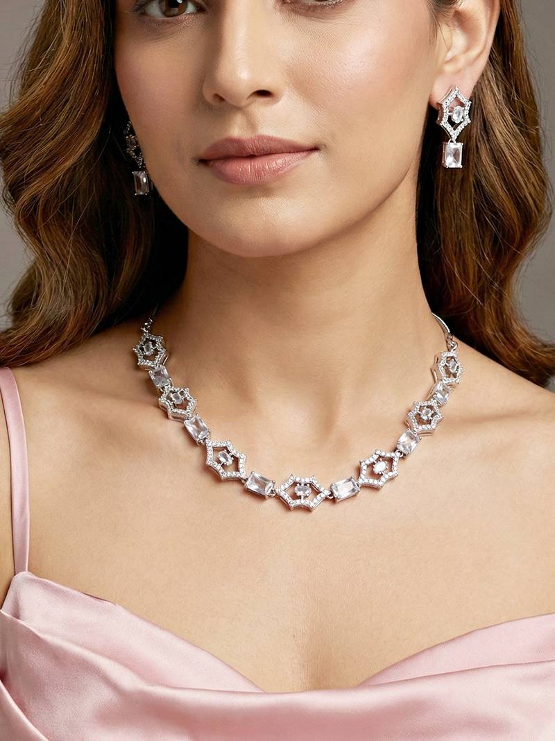 Silver white ad necklace set with earrings for office party wedding