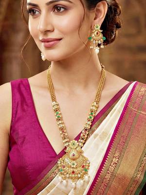 Lucky jewellery gold-plated ruby & green color long traditional necklace set 3