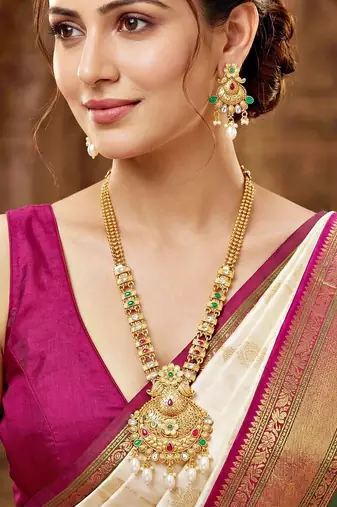 Lucky jewellery gold-plated ruby & green color long traditional necklace set