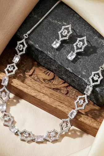 Silver white ad necklace set with earrings for office party wedding