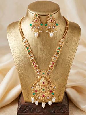 Lucky jewellery gold-plated ruby & green color long traditional necklace set 4