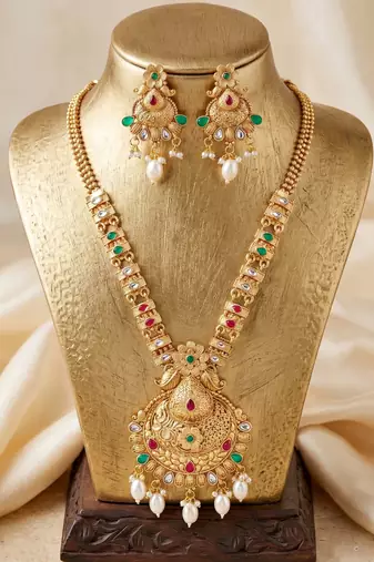 Lucky jewellery gold-plated ruby & green color long traditional necklace set