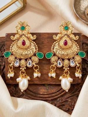 Lucky jewellery gold-plated ruby & green color long traditional necklace set 5