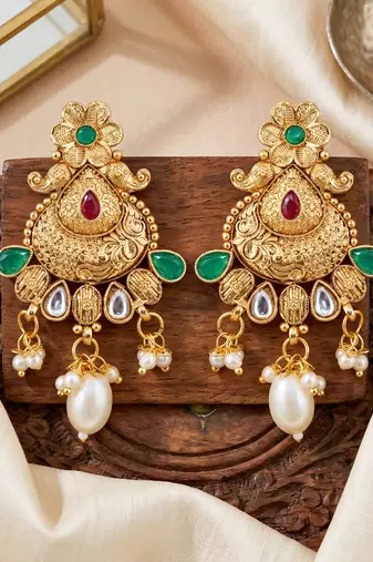 Lucky jewellery gold-plated ruby & green color long traditional necklace set