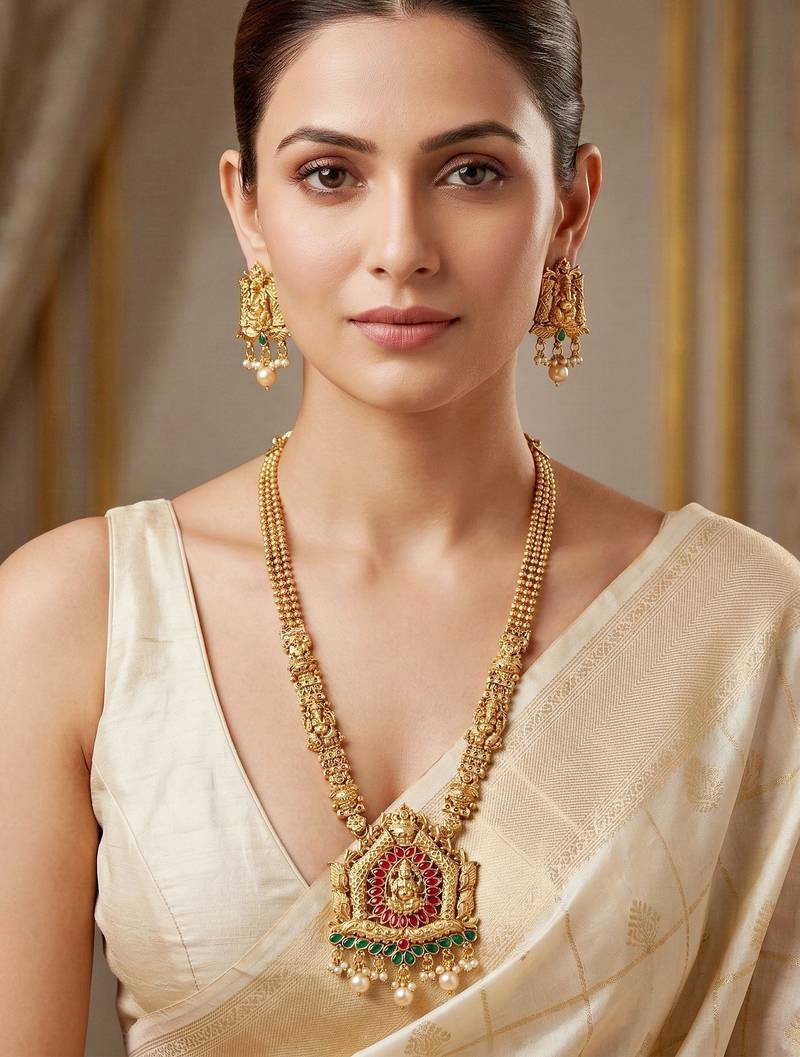 Lucky jewellery gold-plated ganesh idol temple ruby & green color necklace set