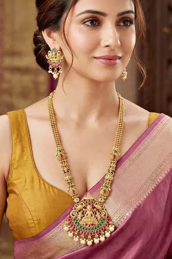 Lucky jewellery gold-plated laxmi idol temple ruby & green color necklace set