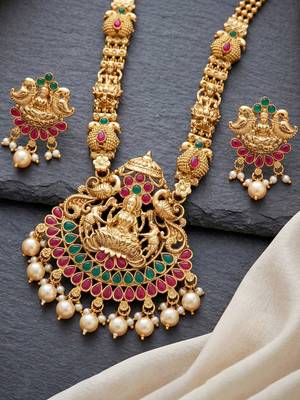 Lucky jewellery gold-plated laxmi idol temple ruby & green color necklace set 2
