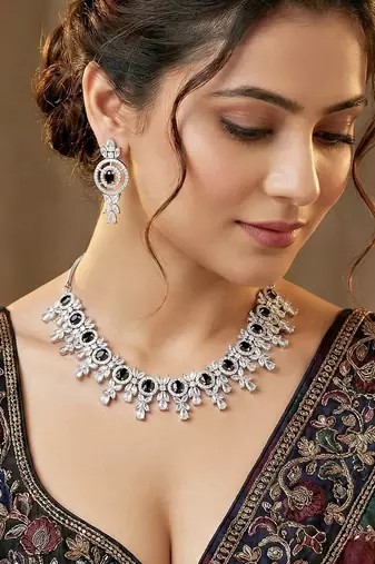 Silver black ad necklace set with earrings for office party wedding