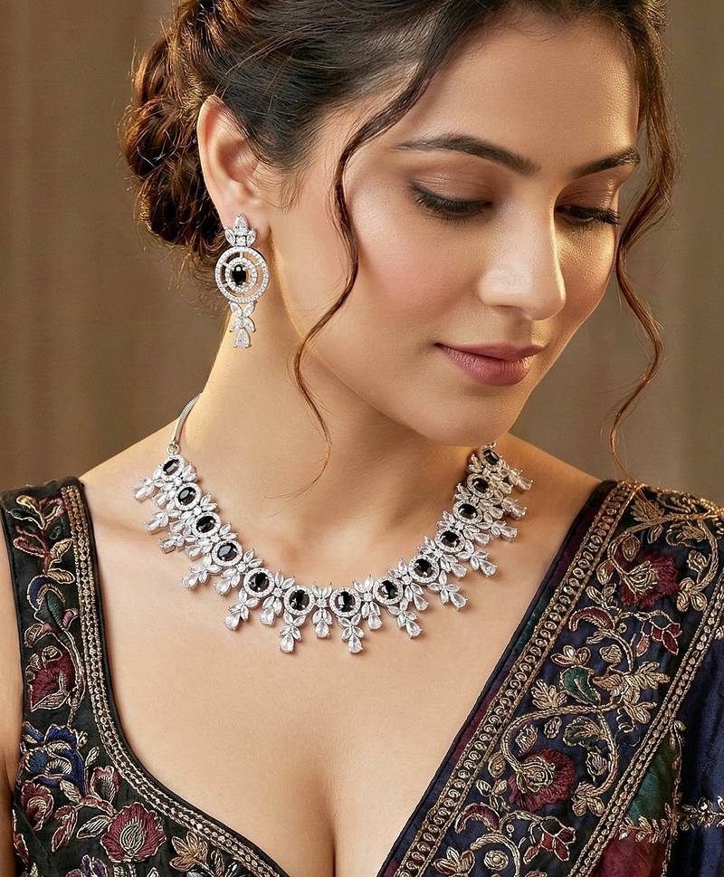 Silver black ad necklace set with earrings for office party wedding