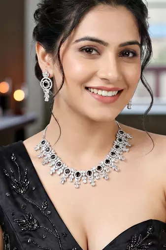 Silver black ad necklace set with earrings for office party wedding