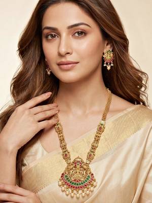 Lucky jewellery gold-plated laxmi idol temple ruby & green color necklace set 3