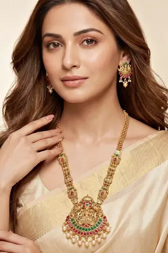 Lucky jewellery gold-plated laxmi idol temple ruby & green color necklace set